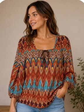 Free 2 Luv Women’s Boho Aztec Print Blouse in Rust and Turquoise